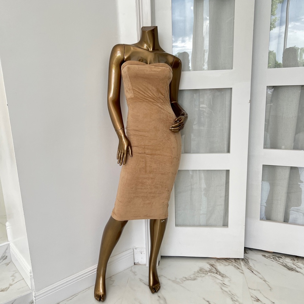 Hot Miami Styles Strapless Tan Dress